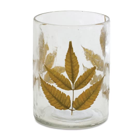 4&#x22; Dried Leaf Glass Candle Holder Set